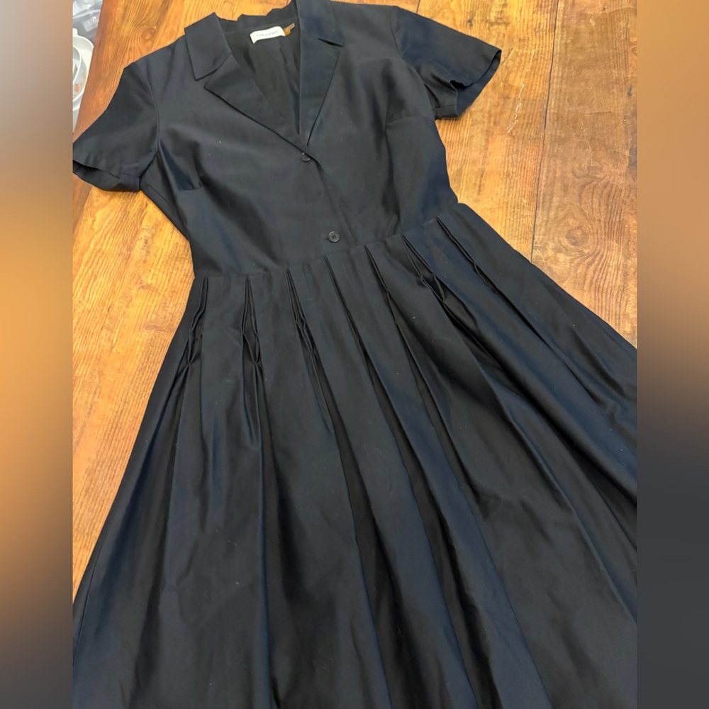 Calvin Klein Black Short Sleeve Long Dress with Pleated Skirt